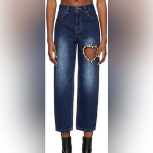 AREA Indigo Crystal Dome Heart Cut-Out Jeans